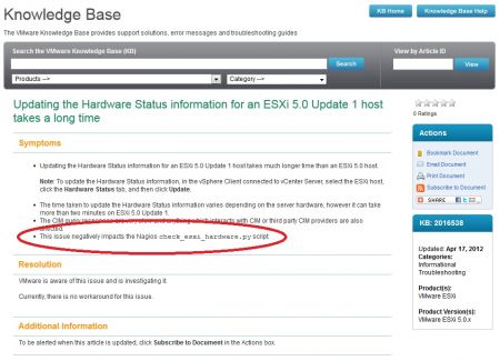 VMware Knowledge Base Article Slow Hardware Status