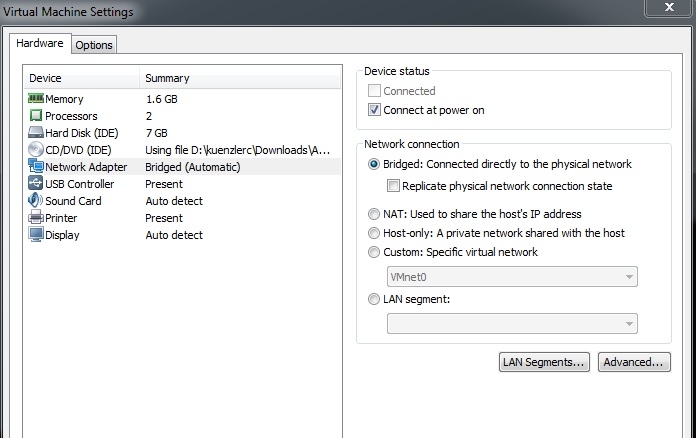 VM Network settings set to bridge