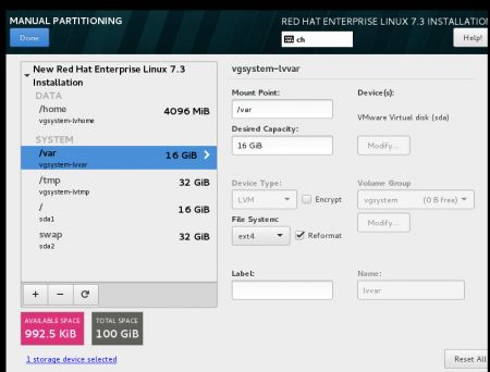 RHEL 7 Setup custom partitioning