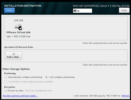 RHEL 7 Setup Installation Destination
