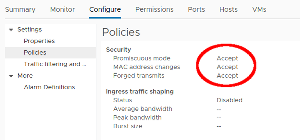 Vsphere vSwitch security settings for LXC