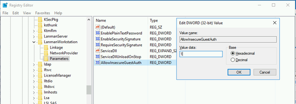 Windows 10 Registry change to allow guest access to network share