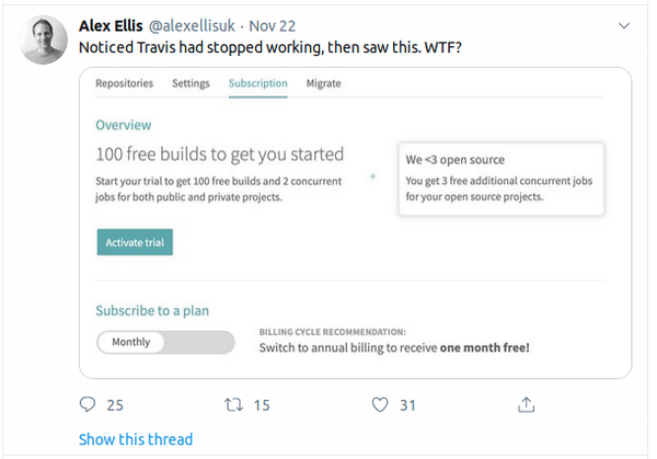 Travis CI stopped workinng - tweeted by Alex Ellis