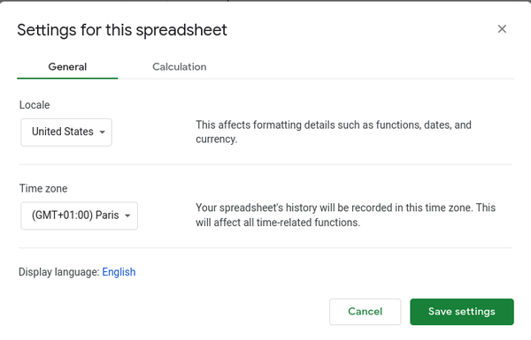 Google Sheets Spreadsheet locale settings
