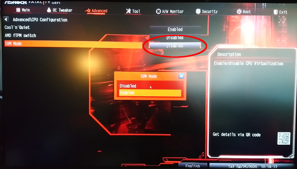 Enable AMD CPU Virtualization SMV in BIOS