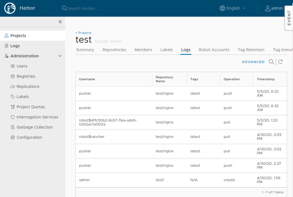 Harbor repository logs