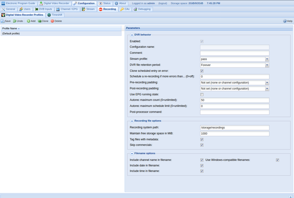 Tvheadend Digital Video Recorder Settings