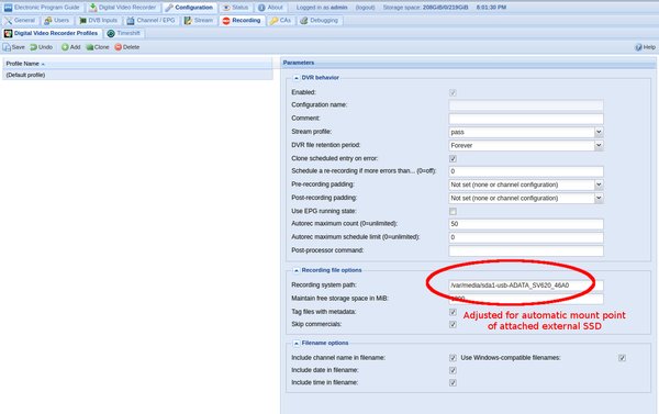 Tvheadend Digital Video Recorder Settings