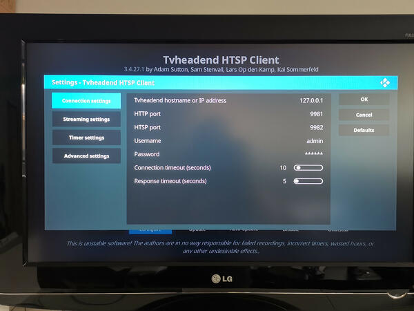 Kodi Tvheadend HTSP Client settings