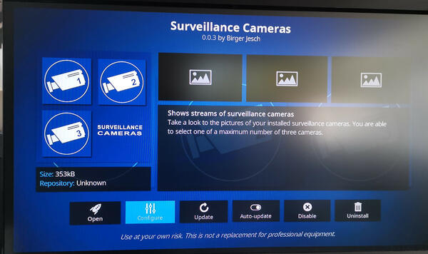 Configure Kodi video add-on Surveillance Cameras