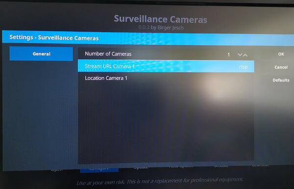 Configure Kodi video add-on Surveillance Cameras